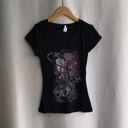 Load image into Gallery viewer, Y2k Aesthetic Flower Printing Women Grunge T-shirts Vintage Slim Harajuku Causal Black Tshirts 2025 Summer Bottoming Crop Tops
