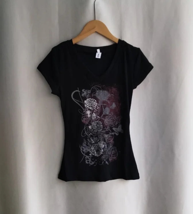 Y2k Aesthetic Flower Printing Women Grunge T-shirts Vintage Slim Harajuku Causal Black Tshirts 2025 Summer Bottoming Crop Tops