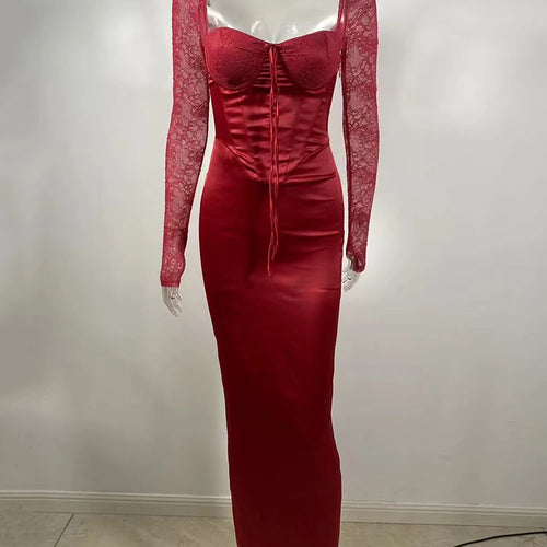 Load image into Gallery viewer, Backless Long Sleeve Sexy Maxi Dress For Women Solid Square Collar Lace-up Back Split Bodycon Club Long Dress Elegant
