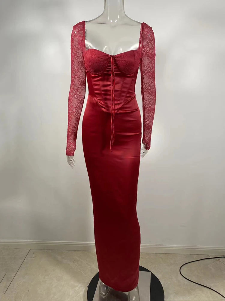 Backless Long Sleeve Sexy Maxi Dress For Women Solid Square Collar Lace-up Back Split Bodycon Club Long Dress Elegant