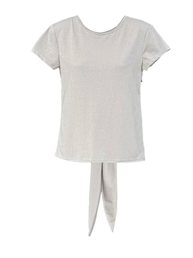 Women White Gray Waist Bandage Brief Elegant T-shirt New Round Neck Short Sleeve Fashion Tide Spring Summer 2025  1DJ1897