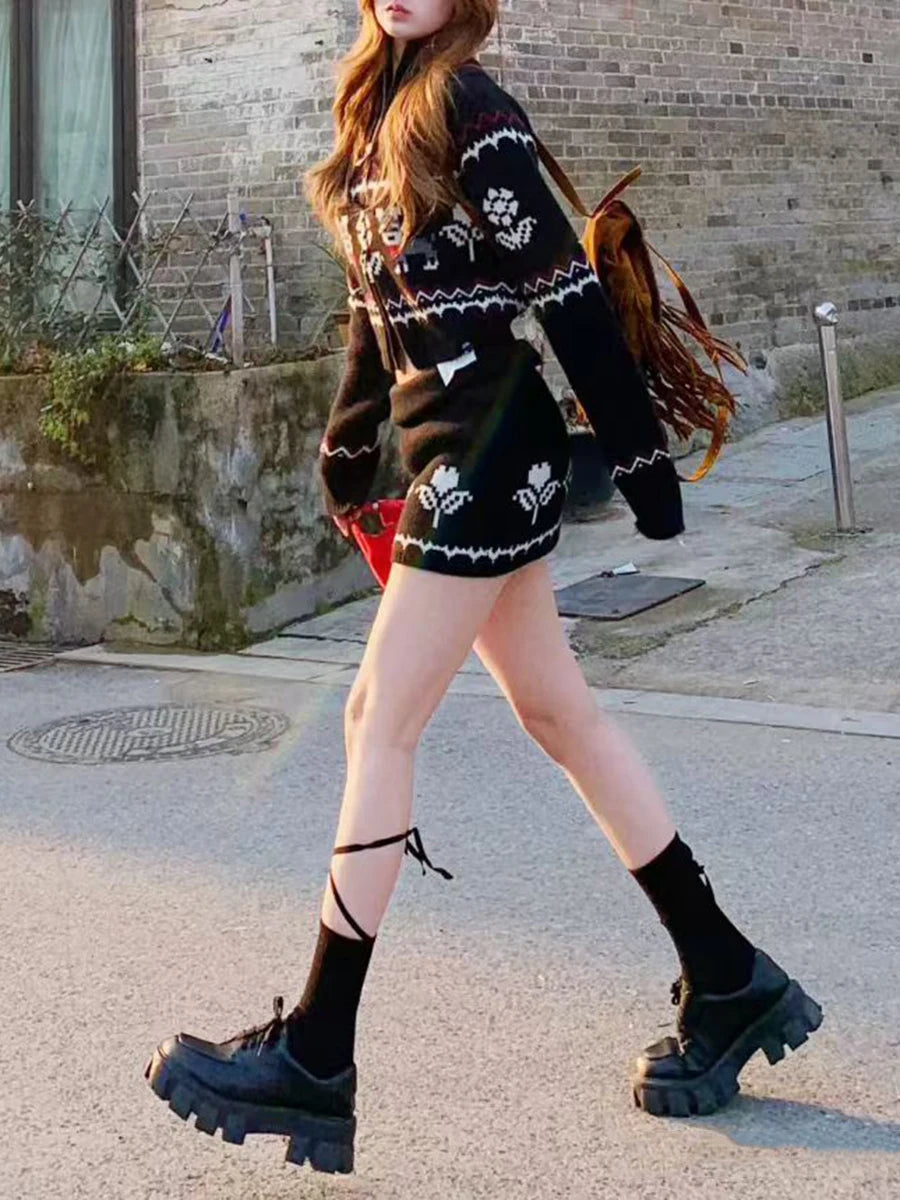 Slimming Knit Two Piece Sets for Women O Neck Long Sleeves Spliced Zipper Sweater High Waist Mini Skirt Set Female