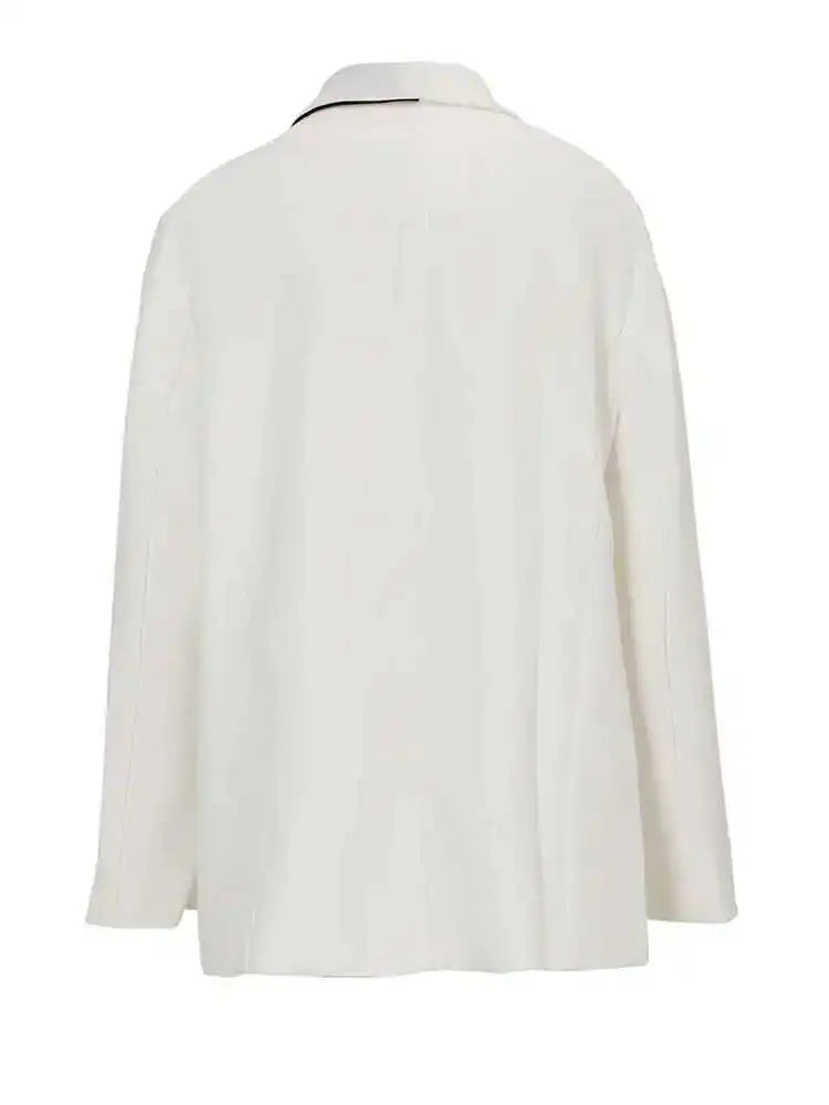 Women Black Ribbon Big Size Color-block Blazer New Lapel Long Sleeve Loose Fit Jacket Fashion Spring Autumn 2025 1DF3066