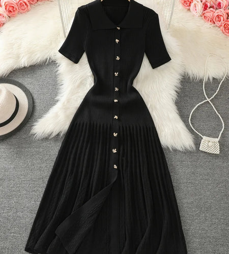 Summer 2024 New Women's Black Beige Single Breasted Knitted Long Dress Green Elegant Office Lady Short Sleeve Pleated Dress Chic