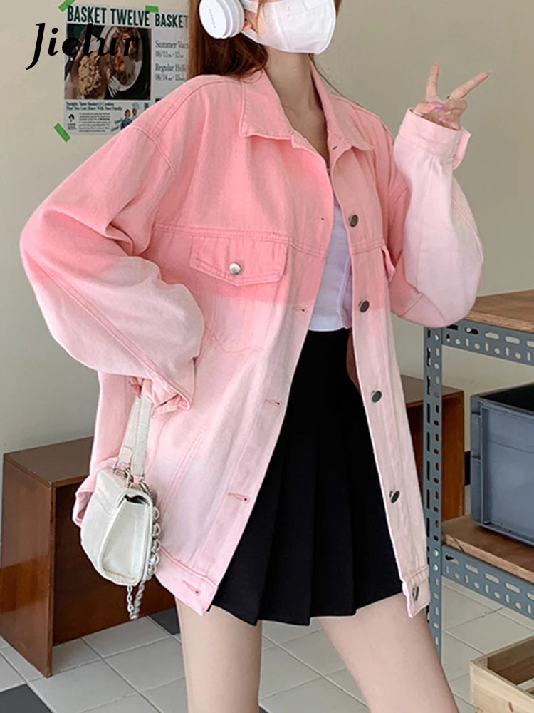 Pink Gradient Denim Coat Korean New Tie Dye Loose Long Sleeve Yellow Jacket Fashion Top Women's Coat Female Casual S-XL