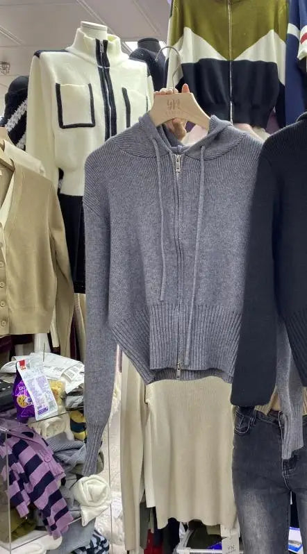 Korean Solid Hooded Double Zipper Cardigan Sweater Women Autumn Winter Long Sleeve Vacation Knitwear Tops Simplicity Streetwear