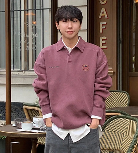 Men's Sweatshirt New Spring Turn-down Collar Loose Embroidered Top Korean Long Sleeve Pullover Fashion Clothing 9W1485