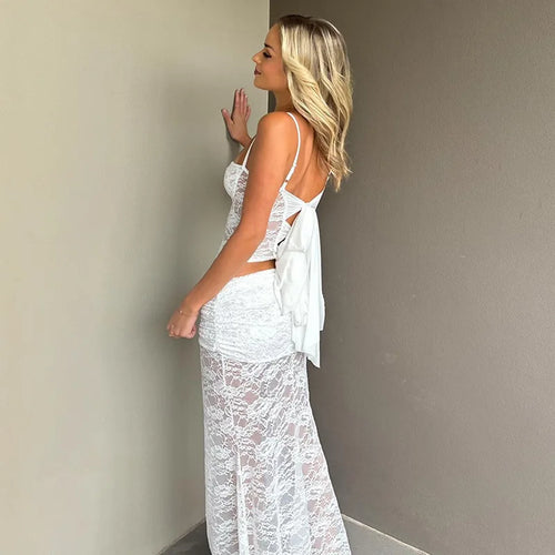 Load image into Gallery viewer, White Lace Sexy Two Piece Sets Woman Halter Top And Long Maxi Skirt Ladies Fashion Sheer Mesh Elegant Matching Sets

