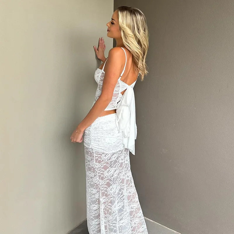 White Lace Sexy Two Piece Sets Woman Halter Top And Long Maxi Skirt Ladies Fashion Sheer Mesh Elegant Matching Sets