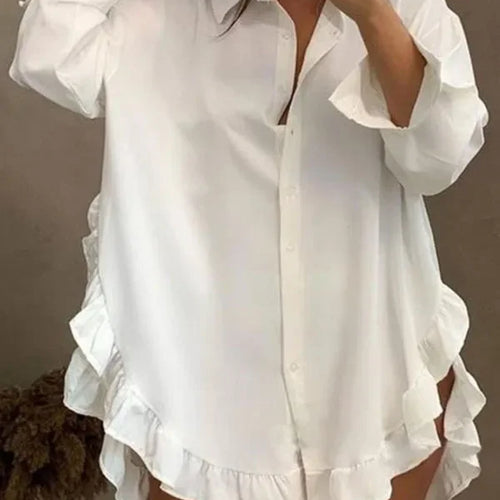 Load image into Gallery viewer, Fall Party Prom White Mini Dresses Women 2024 Falbala Lapel Long Sleeve Casual Shirts Dress clearance sale
