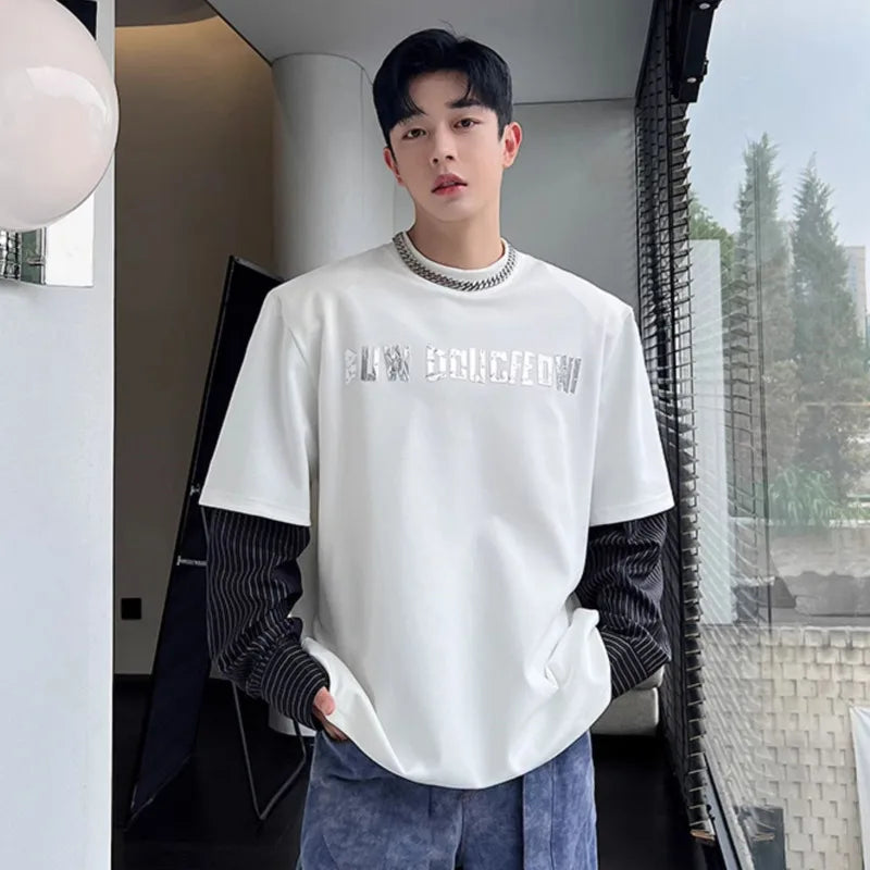 Men's Sweatshirt New Korean Striped Top Fashion Long Sleeve Splicing Pyrographic Summer Loose Niche Male Clothing 9W1581