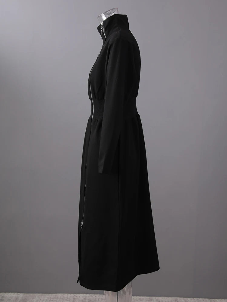Women Black Zipper Irregular Hem Slit Midi Dress New Turtleneck Long Sleeve Fashion Tide Spring Autumn 2025 1DH9354