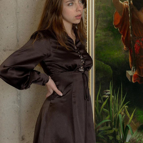 Load image into Gallery viewer, Elegant Long Sleeved Satin Lace Up Dress For Women Bodycon Suit Collar Hollow Out Dress Casual Female Party Club Vesidos
