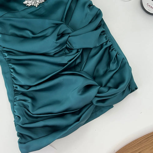 Load image into Gallery viewer, Autumn 2024 Green Diamond Elegant Wrap Hip Pleated Short Dress Women Round Neck Sexy Hollow Out Festival Party Evening Dress New
