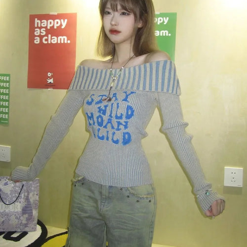 Load image into Gallery viewer, Sexy Off Shoulder Letter Women Sweaters Autumn Slim Vintage All Match Pullovers Sweet Y2k Striped Knitted Fairy Jumpers Trendy
