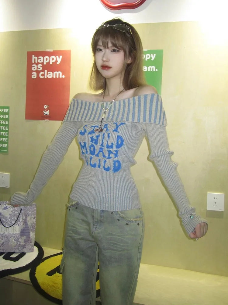 Sexy Off Shoulder Letter Women Sweaters Autumn Slim Vintage All Match Pullovers Sweet Y2k Striped Knitted Fairy Jumpers Trendy