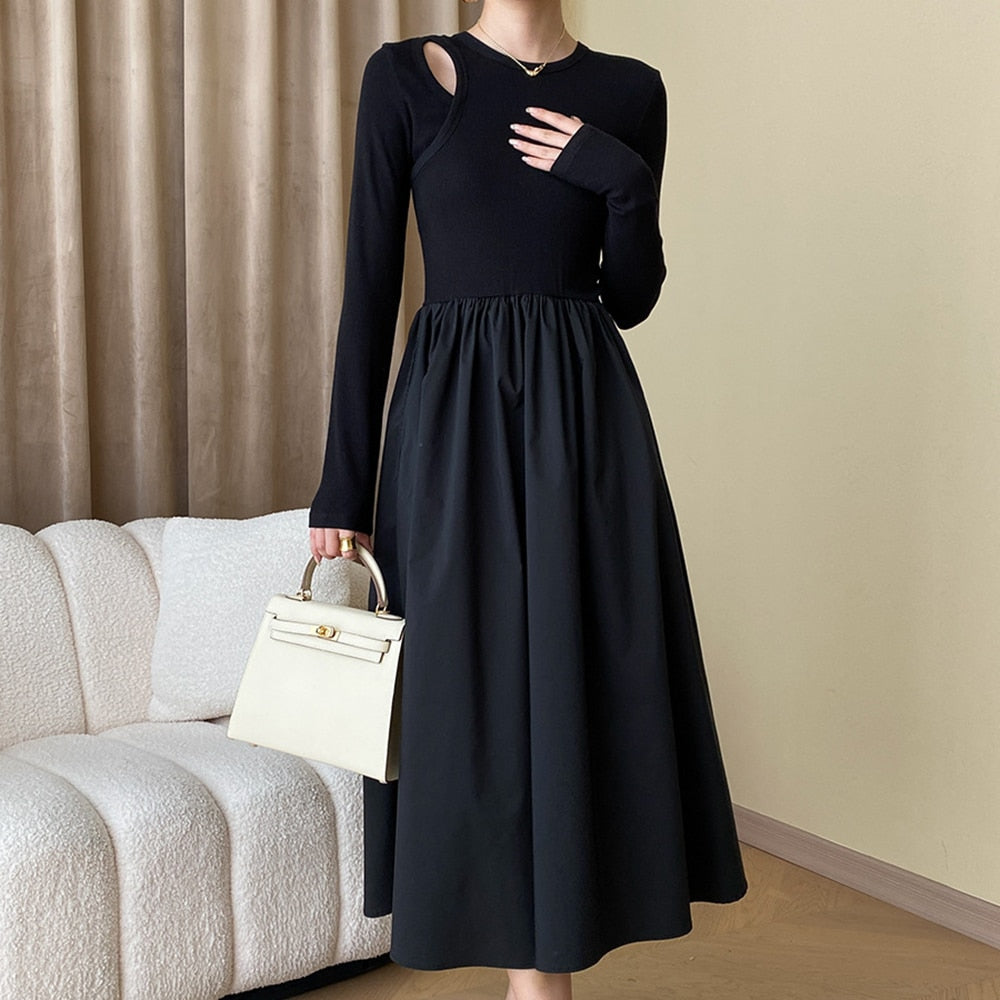 Patchwork Folds Solid Dresses For Women Round Neck Long Sleeeves High Waist Hollow Out A Line Dress Female Fashion