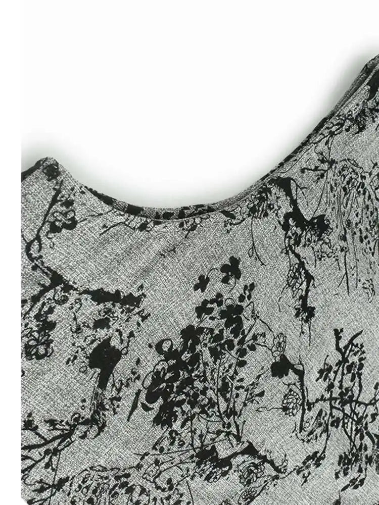 Women Gray Printed Vintage Hem Pleated Big Size Vest Dress New Round Neck Sleeveless Fashion Spring Autumn 2025 1DH9454