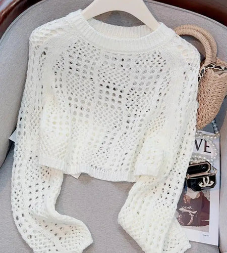 Spring Autumn Women Black White Hollow Out Short Pullover Sweater Korean Beige Round Neck Loose Long Sleeved Knitted Tops Casual