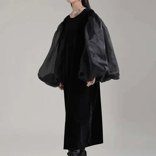 Load image into Gallery viewer, Women Black Organza Velvet Elegnat Big Size Dress New Round Neck Long Puff Sleeve Fashion Tide Spring Autumn 2025 1DH2248
