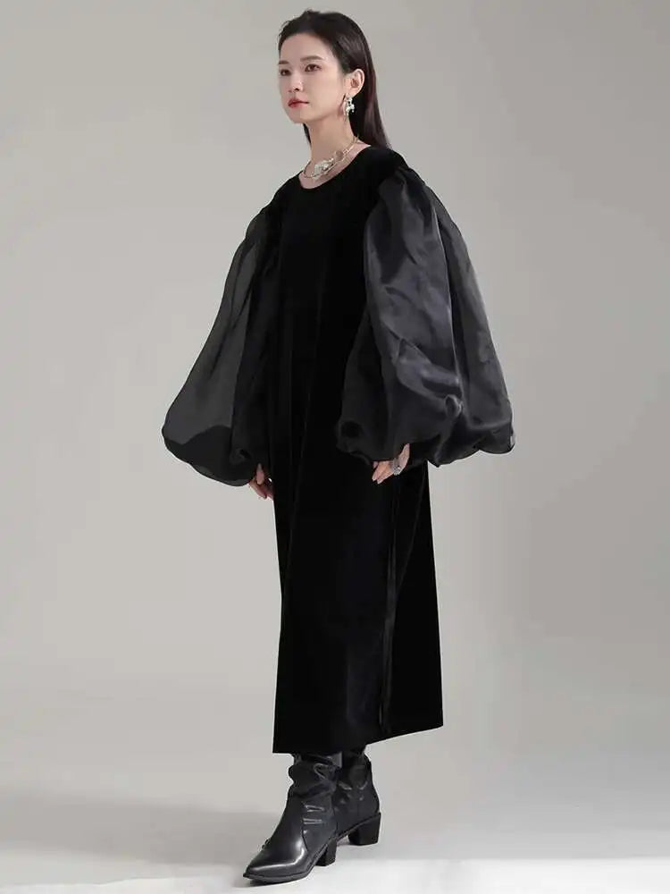 Women Black Organza Velvet Elegnat Big Size Dress New Round Neck Long Puff Sleeve Fashion Tide Spring Autumn 2025 1DH2248