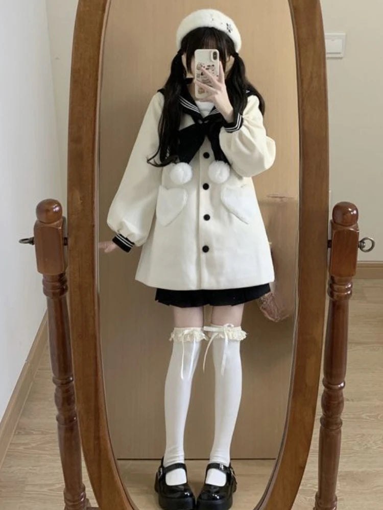 Kawaii Bow Sailor Collar Coat Women Y2k Aesthetic Single Breasted Jackets Sweet JK Lolita Trench Blends Coats Femme Autumn 2025