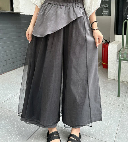 High Elastic Waist Gray Mesh Irregular Spliced Wide Leg Pants New Trousers Women Fashion Tide Spring Autumn 2025  1DJ1393