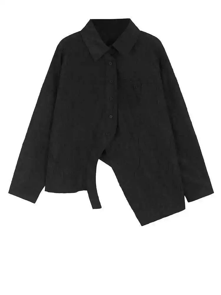 Women White Printed Irregular Big Size Pleated Blouse New Lapel Long Sleeve Shirt Fashion Tide Spring Autumn 2025 1DH8639