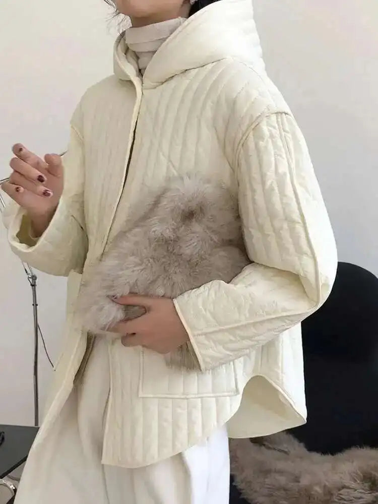 Hooded Beige Big Size Cotton-padded Coat Long Sleeve Loose Fit Women Parkas Fashion Tide New Autumn Winter 2025 1DH3820