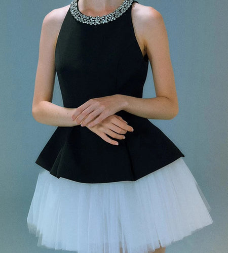 Hit Color Spliced Mesh Elegant Mini Dresses for Women Round Neck Sleeveless High Waist Patchwork Bead Dress Female