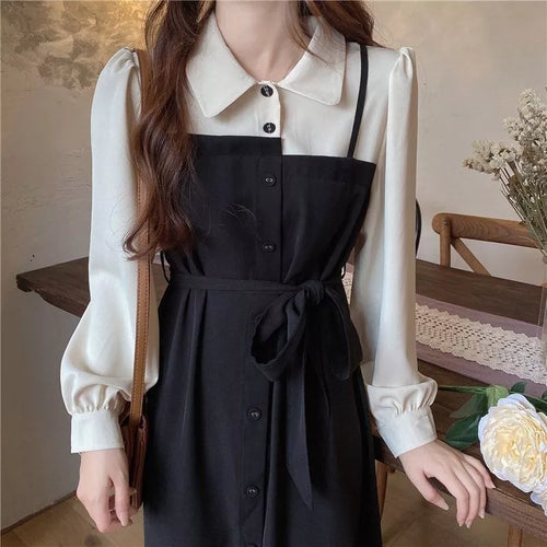 Load image into Gallery viewer, Soft Polo Shirt Dress Women Autumn Vintage Preppy Style Korean Long Sleeve Midi Belt Dress School Student Clothes
