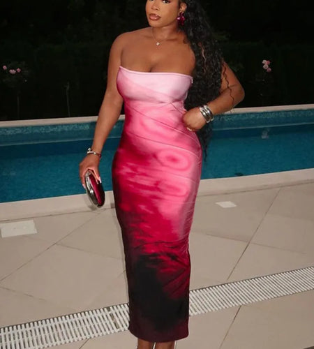 Strapless Print Sexy Midi Dress For Women Fashion Off-shoulder Backless Bodycon Club Party Sexy Long Dress Clubwear