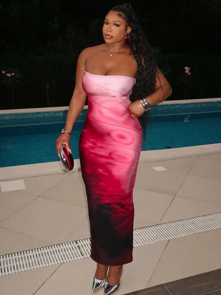 Strapless Print Sexy Midi Dress For Women Fashion Off-shoulder Backless Bodycon Club Party Sexy Long Dress Clubwear