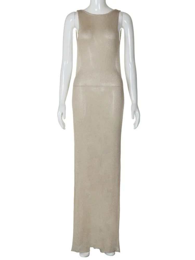 See Through Backless Sexy Maxi Dress For Women Summer New Sheer Sleeveless Back Split Sexy Long Dress Beachwear