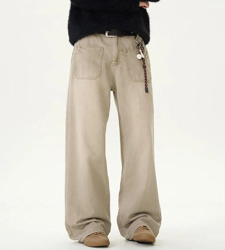 Men's Cargo Pants American Handsome Niche Solid Color Style Straight Leg Multi Pockets Trendy Male Trousers 9W1463