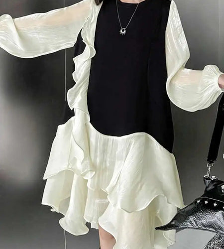 Women Black Ruffles Color-block Big Size Knee-Length Dress New Round Neck Long Sleeve Fashion Spring Autumn 2025 1DH7239