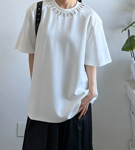 Women Black Metal Decoration Big Size Casual T-shirt New Round Neck Short Sleeve Fashion Tide Spring Summer 2025 1DJ1233