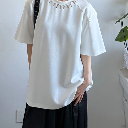 Load image into Gallery viewer, Women Black Metal Decoration Big Size Casual T-shirt New Round Neck Short Sleeve Fashion Tide Spring Summer 2025 1DJ1233
