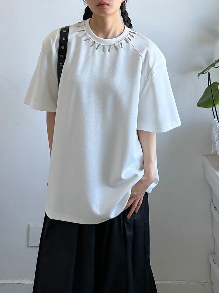 Women Black Metal Decoration Big Size Casual T-shirt New Round Neck Short Sleeve Fashion Tide Spring Summer 2025 1DJ1233