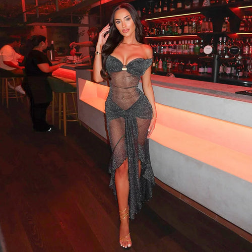 Load image into Gallery viewer, Mesh See Through Ruffled Sexy Maxi Dress For Women Gown Gray Off-shoulder Strapless Backless Ruched Long Dress Vestido
