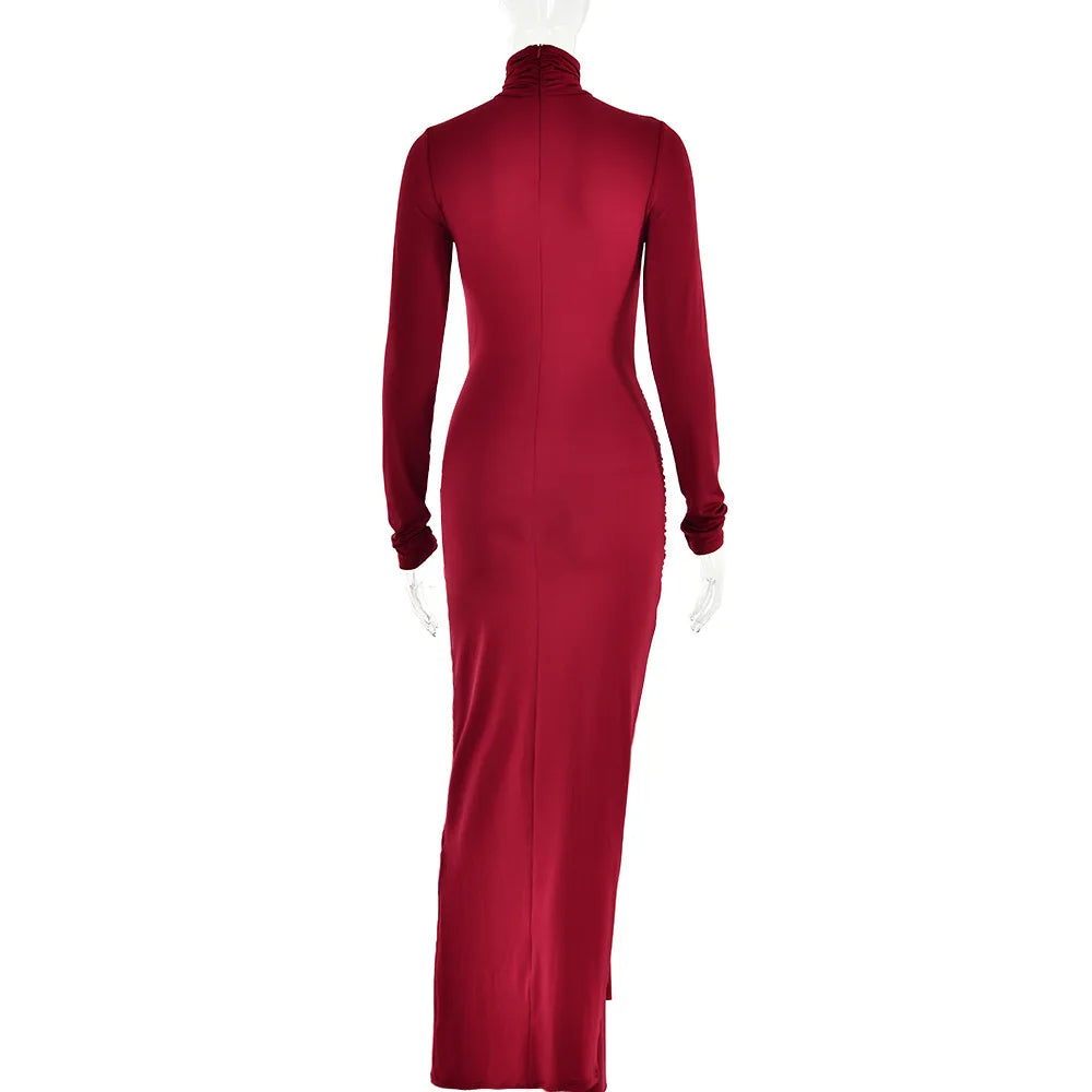 Turtleneck Long Sleeve Maxi Dress For Women Fashion Irregular Bodycon Long Dress Femme Temperament Evening Dress