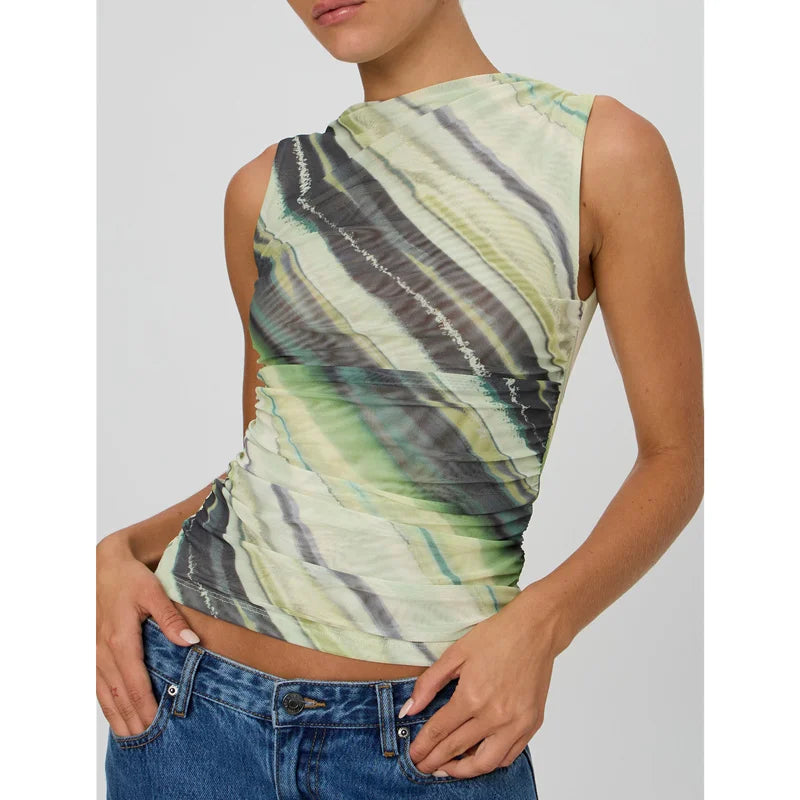 y2k Tops for Women Fairycore Clothing Summer Floral/Tie Dye Print Sleeveless Mesh T Shirt 2000s Vest Fashion Streetwear