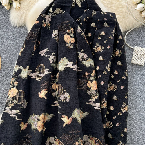 Load image into Gallery viewer, French Retro Women Fashion Bohemian Black Floral Elegant Party Long Skirt Streetwear Autumn Winter High Waist Pleated Skirt Chic
