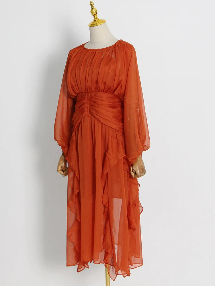 Irregular Ruffles Midi Dresses For Women Round Neck Long Sleeve High Waist Pullover Dress Female Fashion Clothing 2023 Style