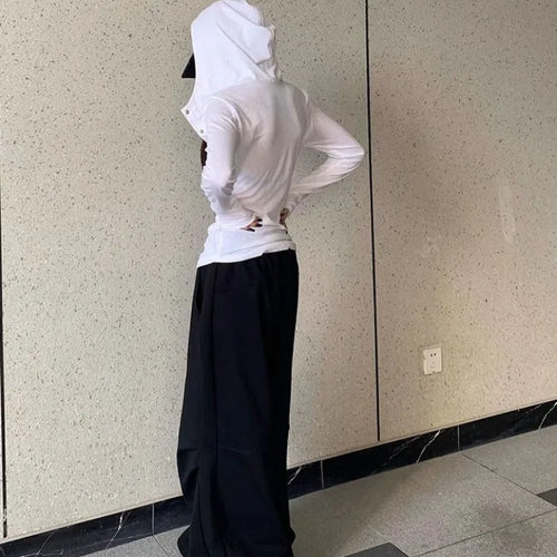 Load image into Gallery viewer, Solid See Through Sexy Hooded Tops Vintage Bottoming Harajuku T-shirt Women Y2k Aesthetic Single Breasted Grunge Tees Streetwear
