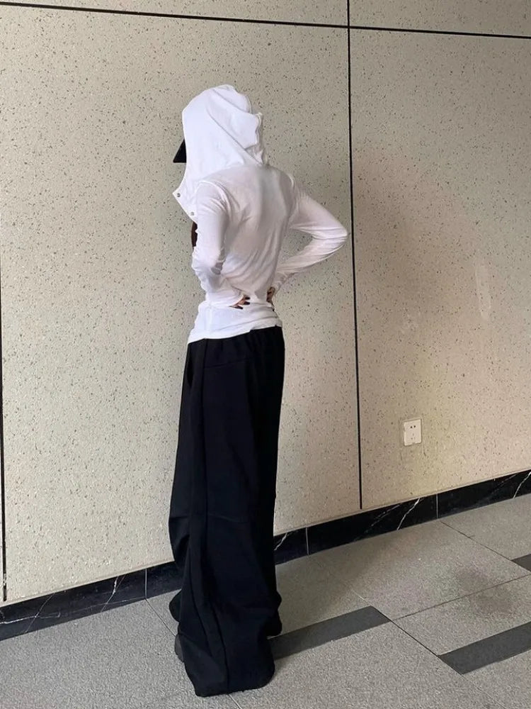 Solid See Through Sexy Hooded Tops Vintage Bottoming Harajuku T-shirt Women Y2k Aesthetic Single Breasted Grunge Tees Streetwear