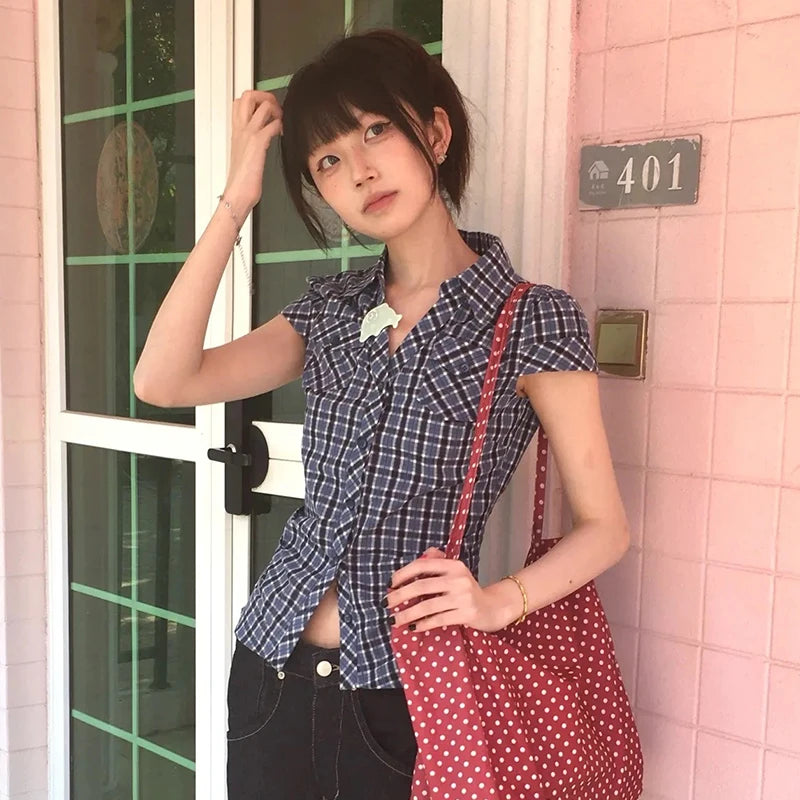 Japanese Y2k Plaid Shirt Vintage Harajuku V-neck Blouses Korean Fashion Women Short Sleeve Shirts 2000s American Retro