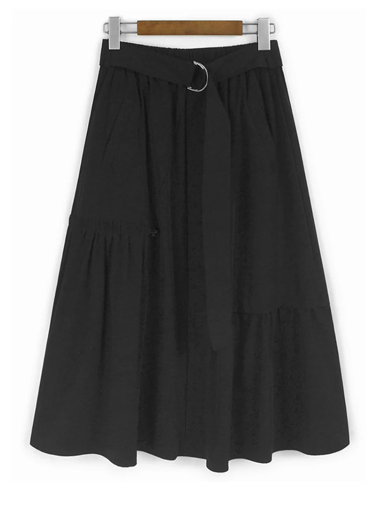 High Elastic Waist Khaki Pleated Belted Drawstring A-line Half-body Skirt Women Fashion New Spring Autumn 2025 1DJ1046