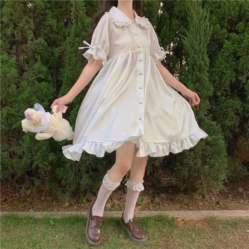 Load image into Gallery viewer, White Kawaii Lolita Dress For Girls Soft Princess Fairy Peter Pan Collar Dress Japanese Style Cute Puff Sleeve Party Dress
