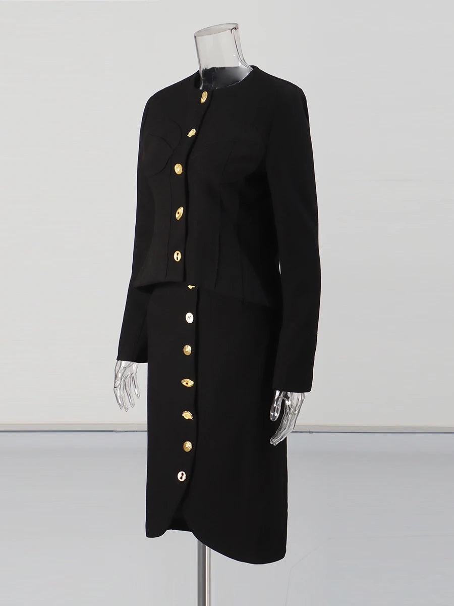 Solid Spliced Single Breasted Two Piece Sets for Women Round Neck Long Sleeves Top High Waist Split Skirt Set Female